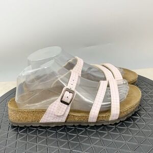 Birkis Birkenstock Sandals Women 38 Size 7 Shoes Pink Plaid Leather Narrow Fit